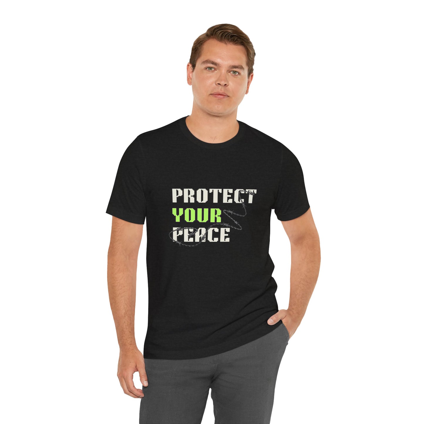 "Protect Your Peace" Unisex Jersey Short Sleeve Tee, Relaxed Fit Shirt, Positive Vibes Tee, Gift for Mindfulness, Casual Wear