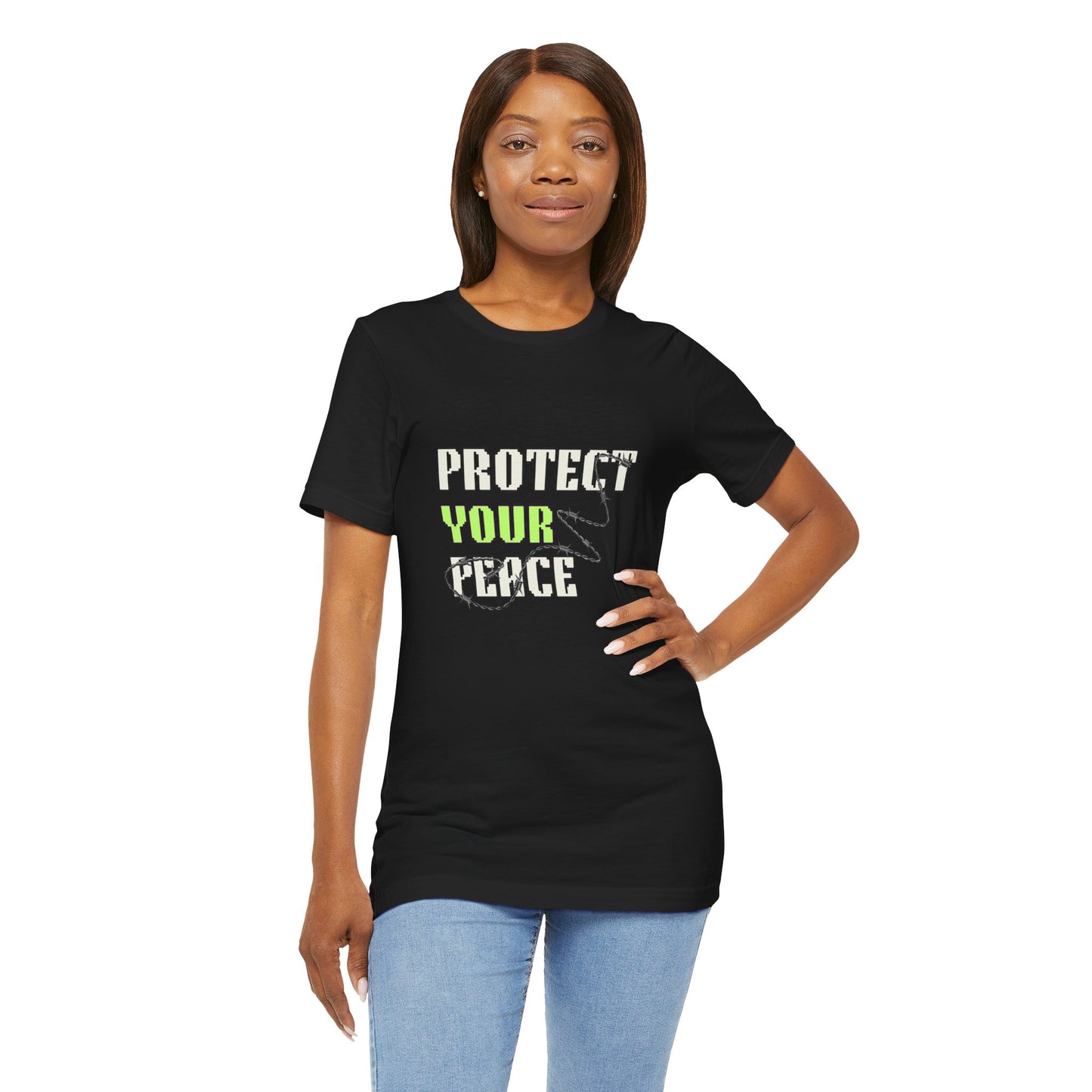 "Protect Your Peace" Unisex Jersey Short Sleeve Tee, Relaxed Fit Shirt, Positive Vibes Tee, Gift for Mindfulness, Casual Wear