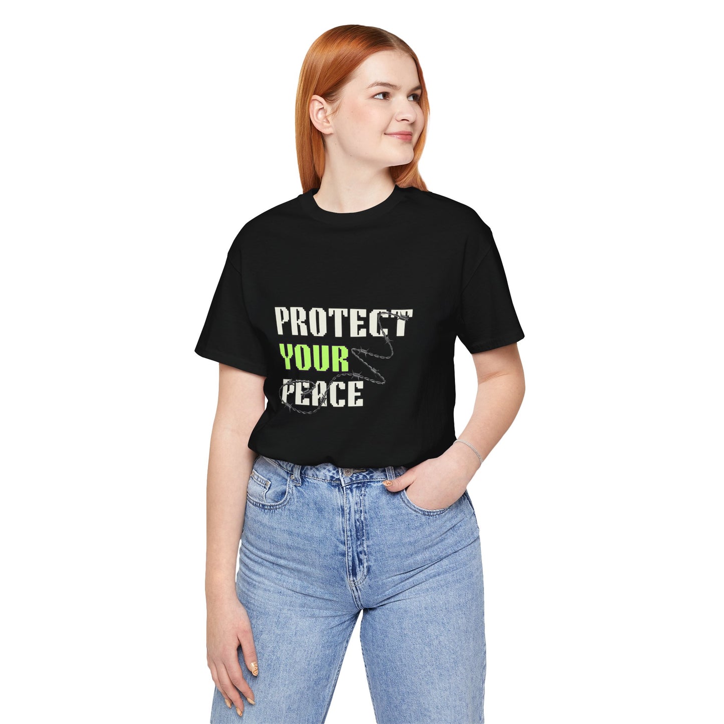 "Protect Your Peace" Unisex Jersey Short Sleeve Tee, Relaxed Fit Shirt, Positive Vibes Tee, Gift for Mindfulness, Casual Wear